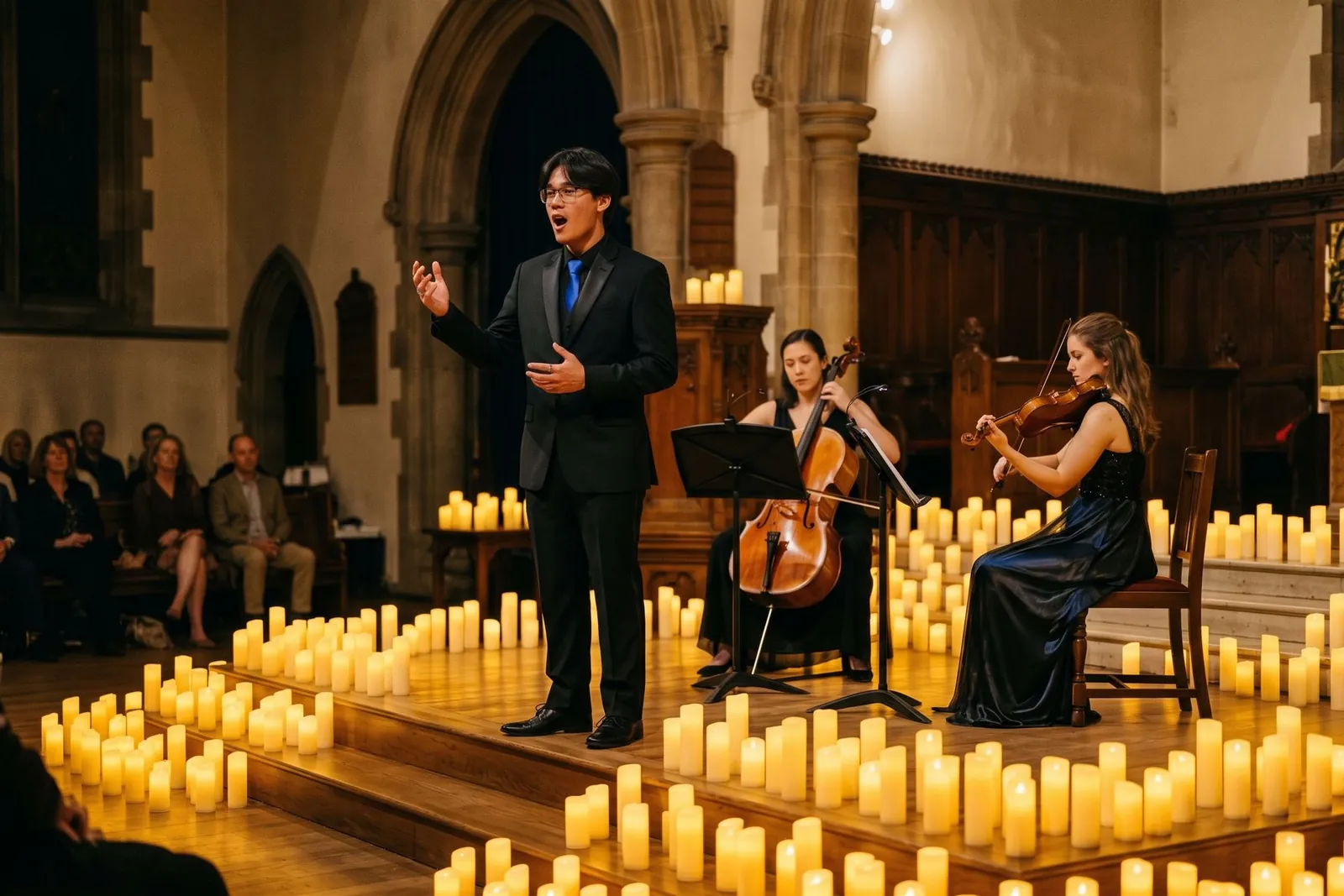 A singer, cellist and violinist performing surrounded by candlelight in a historic stone hall