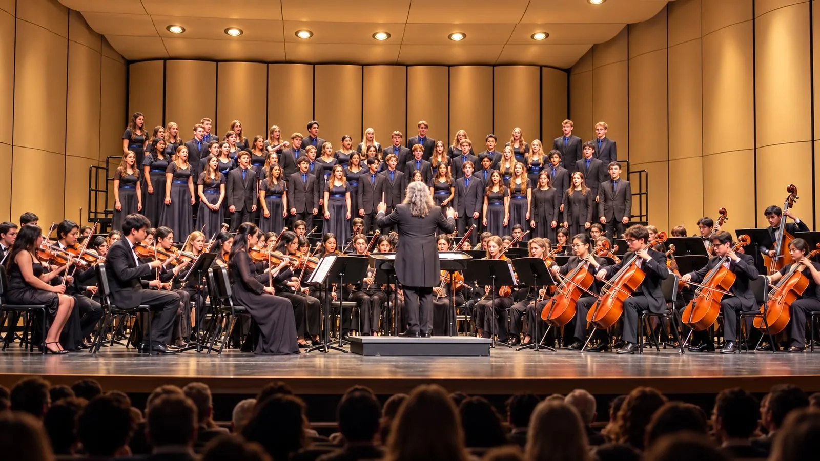 An orchestra and choir performing on a concert stage for a full audience