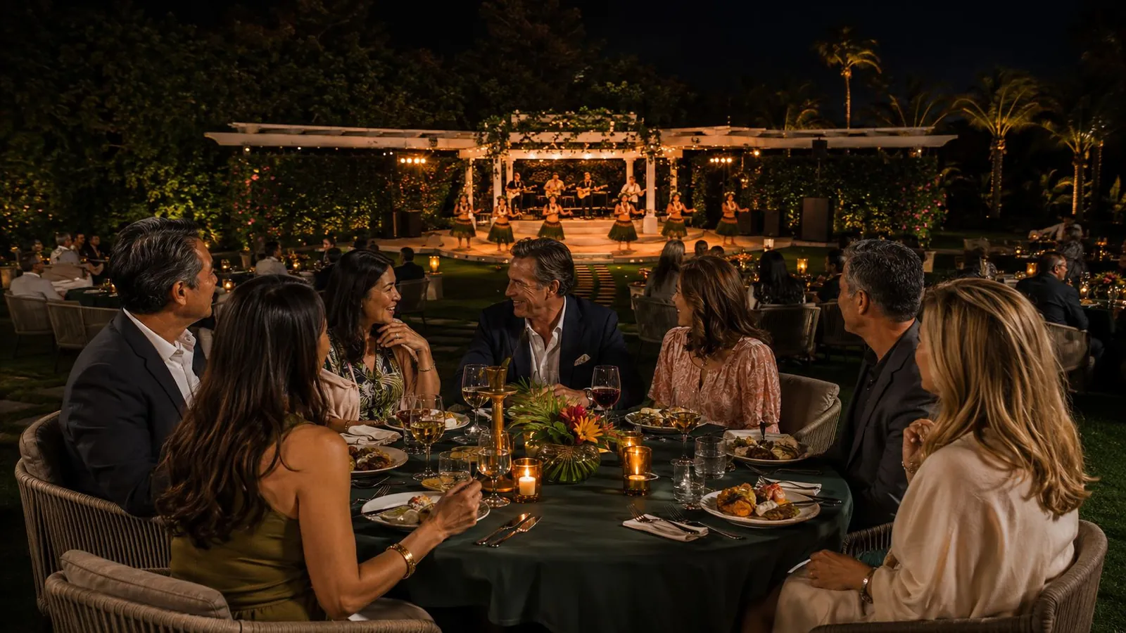 Concept of guests at dinner with a Polynesian show on the garden stage