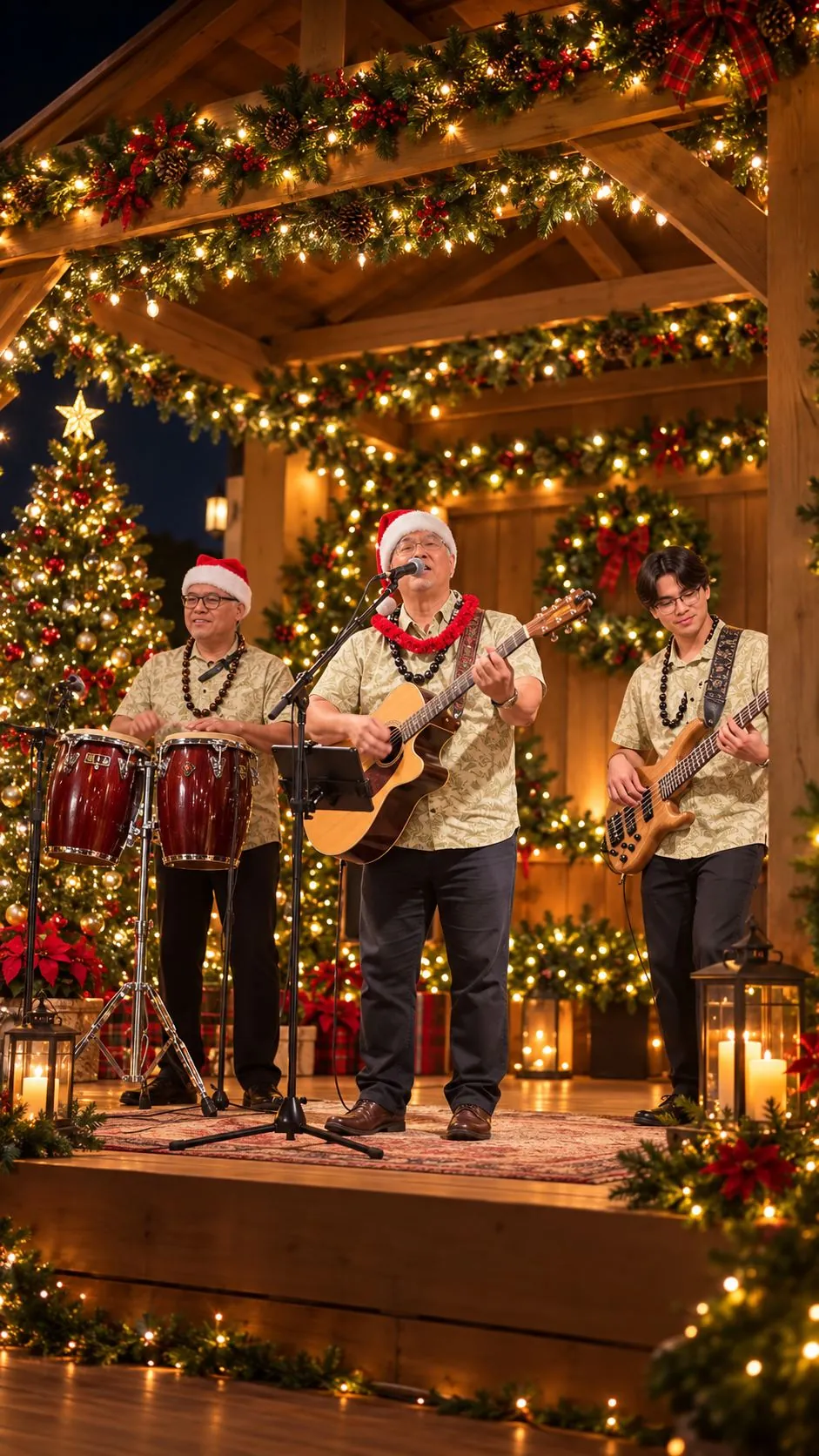 Island trio playing Christmas music on a wooden stage lined with garland and lights